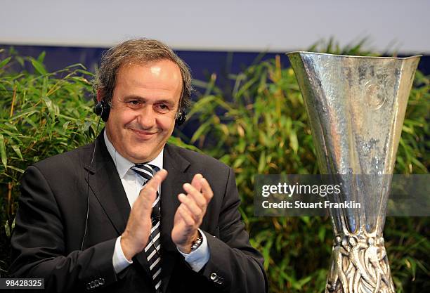 Michel Platini, president of UEFA applauds during the handover of the UEFA Europa League cup on April 13, 2010 in Hamburg, Germany.