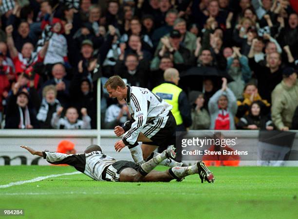 Luis Boa Morte and Andrejs Stolcers of Fulham celebrate after Boa Morte scores from the penalty spot during the Nationwide Division One match between...
