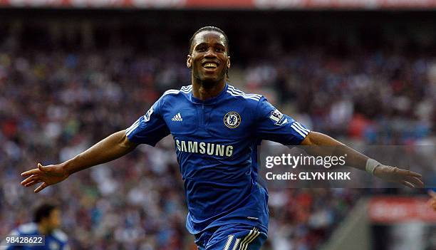 Chelsea's Ivory Coast striker Didier Drogba celebrates after scoring a goal during the FA Cup semi-final football match against Aston Villa at...