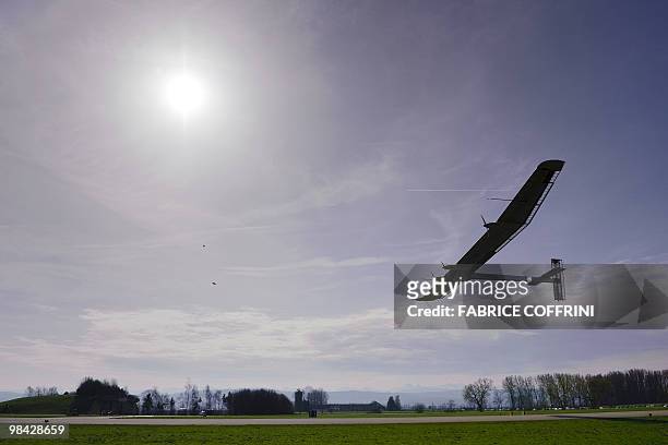 The Solar Impulse aircraft, a pioneering Swiss bid to fly around the world on solar energy, takes off on its first test flight on April 7, 2010 from...