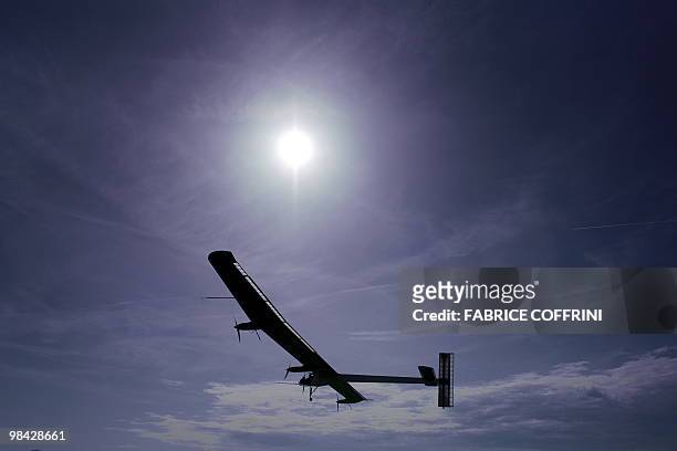 The Solar Impulse aircraft, a pioneering Swiss bid to fly around the world on solar energy takes off on its first test flight on April 7, 2010 from...