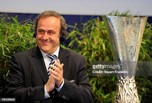 Michel Platini, president of UEFA during the handover of the UEFA Europa League cup on April 13, 2010 in Hamburg, Germany.