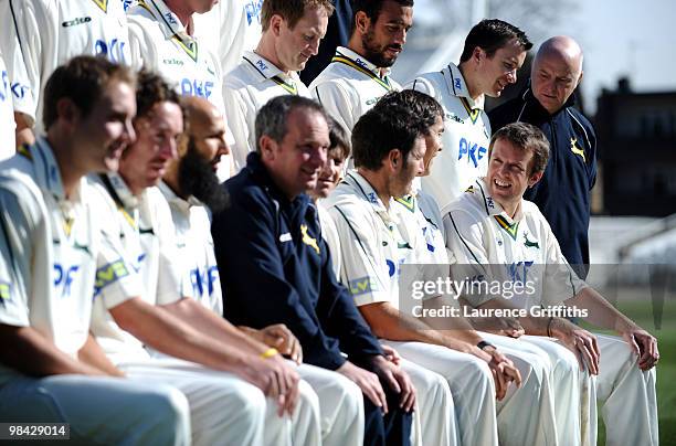 Graeme Swann of Nottinghamshire CCC and England lines up for the Team Pictire during a Photocall at Trent Bridge on April 13, 2010 in Nottingham,...