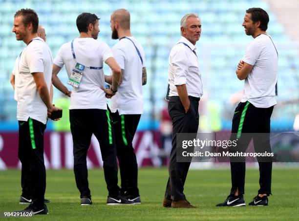 Bert van Marwijk, Head coach of Australia looks on during a pitch inspection prior to the 2018 FIFA World Cup Russia group C match between Australia...