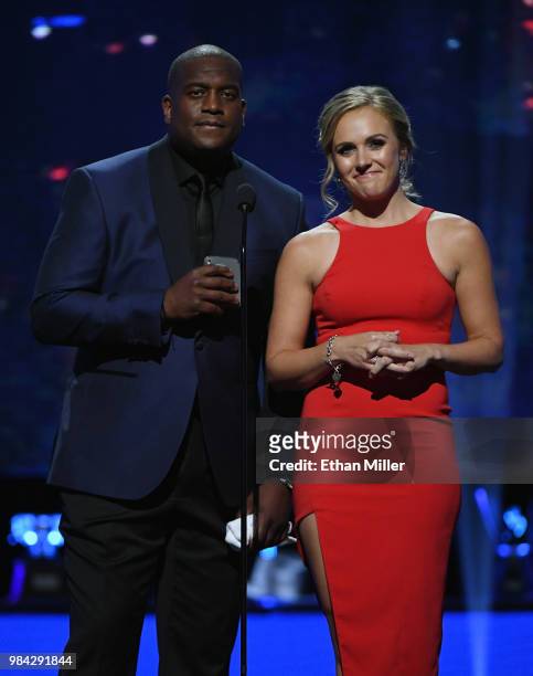 Former NHL player Kevin Weekes and NHL Network host Jamie Hersch speak during the 2018 NHL Awards presented by Hulu at The Joint inside the Hard Rock...