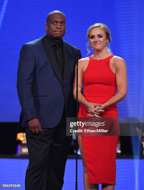 Former NHL player Kevin Weekes and NHL Network host Jamie Hersch speak during the 2018 NHL Awards presented by Hulu at The Joint inside the Hard Rock...