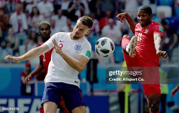 Jordan Henderson of England battles for the ball with Armando Cooper of Panama during the 2018 FIFA World Cup Russia group G match between England...