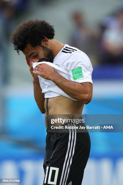Mohamed Salah of Egypt reacts during the 2018 FIFA World Cup Russia group A match between Saudia Arabia and Egypt at Volgograd Arena on June 25, 2018...