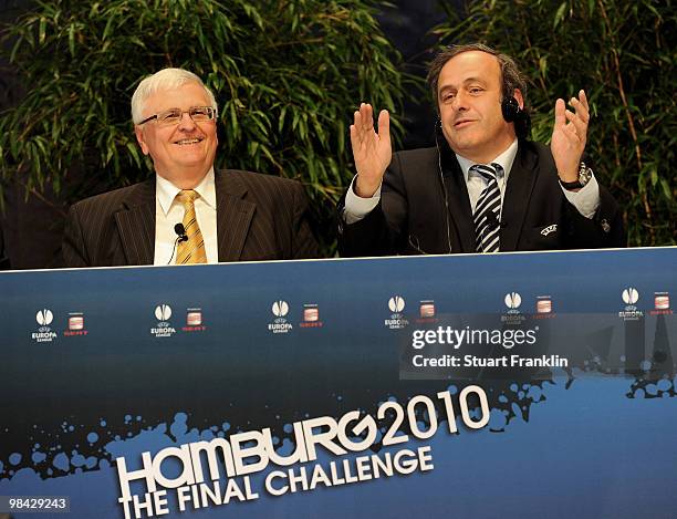 Theo Zwanziger, president of the German Football Association with UEFA president Michel Platini during the handover of the UEFA Europa League cup on...