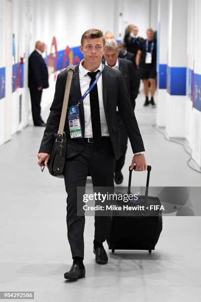 John Dahl Tomasson, assistant manager anager of Denmark arrives at the stadium prior to the 2018 FIFA World Cup Russia group C match between Denmark...