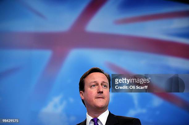 Conservative party leader David Cameron addressing the audience in Battersea Power Station as he launches his party's manifesto on April 13, 2010 in...