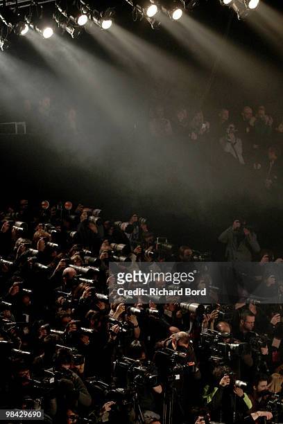 Members of the media sit in the photographer pit during the Sonia Rykiel Ready to Wear show as part of the Paris Womenswear Fashion Week Fall/Winter...