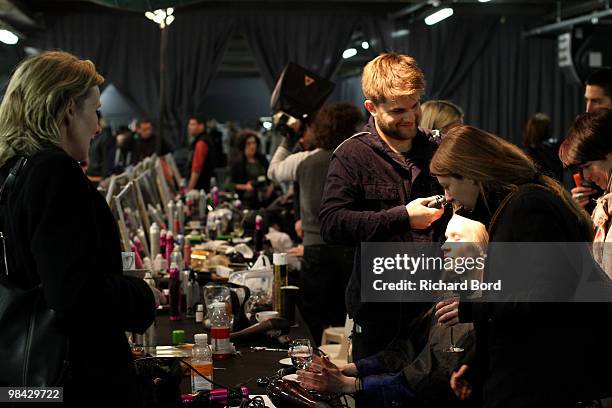 Models prepare backstage before the Sonia Rykiel Ready to Wear show as part of the Paris Womenswear Fashion Week Fall/Winter 2011 at Halle Freyssinet...