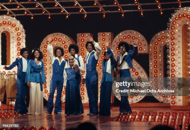 The Jackson family film a tv show at Burbank Studios, California, 13th November 1976. From left to right, Randy, La Toya, Marlon, Janet, Michael ,...