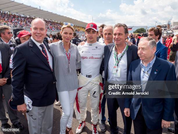 Prince Albert Of Monaco, Princess Charlene Of Monaco, Driver Charles Leclerc, Renaud Muselier and Jean Todt attend the Formula One Grand Prix of...