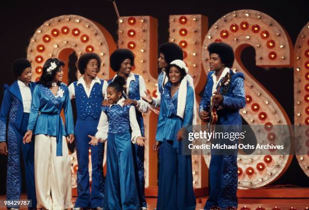 The Jackson family film a tv show at Burbank Studios, California, 13th November 1976. From left to right, Randy, La Toya, Marlon, Janet, Michael ,...