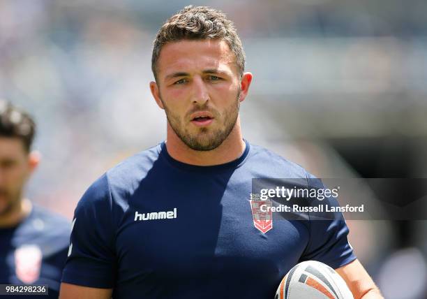 Sam Burgess of England takes part in warm-ups prior to a Rugby League Test Match between England and the New Zealand Kiwis at Sports Authority Field...