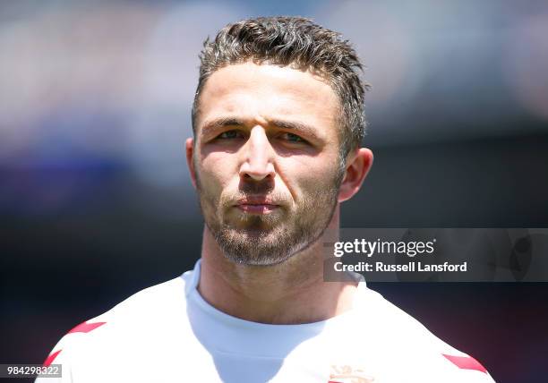 Sam Burgess of England waits for the game to begin during a Rugby League Test Match between England and the New Zealand Kiwis at Sports Authority...