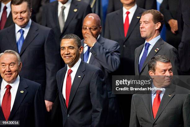 President Barack Obama participates in a group photo with President of Kazakhstan Nursultan Nazarbayev , King Abdullah II of Jordan, and , President...