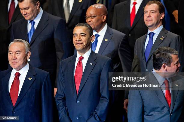 President Barack Obama participates in a group photo with President of Kazakhstan Nursultan Nazarbayev , King Abdullah II of Jordan, and , President...