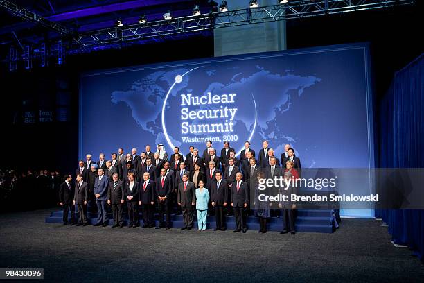 World leaders and heads of delegations participate in a group photo at the Nuclear Security Summit on April 13, 2010 in Washington, DC. Forty-seven...