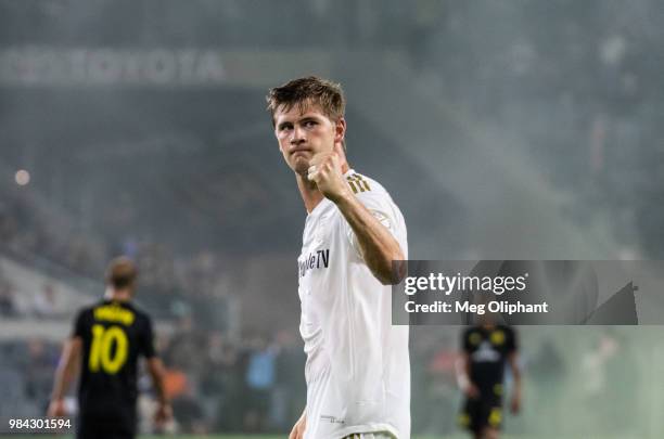 Walker Zimmerman of LAFC motions to the crowd after the team's win against Columbus Crew in the Los Angeles FC MLS game at Banc of California Stadium...