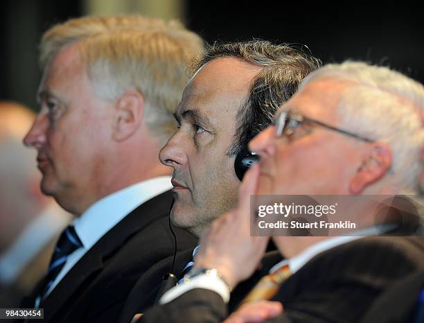 Ole Von Beust, mayor of Hamburg, Michel Platini, president of UEFA and Theo Zwanziger, president of the German Football Association are pictured...