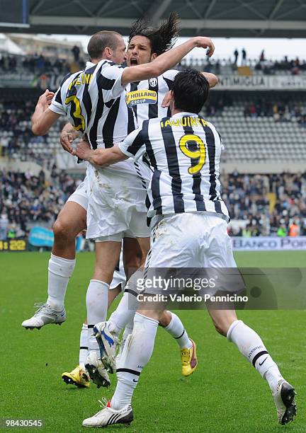 Giorgio Chiellini of Juventus FC celebrates with his team mates after scoring a goal during the Serie A match between Juventus FC and Cagliari Calcio...