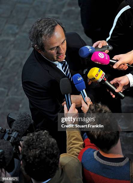 Michel Platini, UEFA president speaks to the media during the handover of the UEFA Europa League cup on April 13, 2010 in Hamburg, Germany.