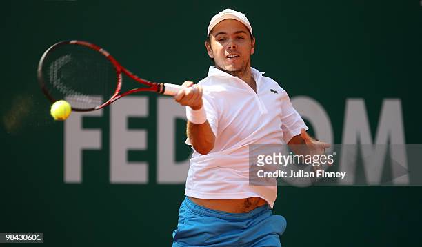 Stanislas Wawrinka of Switzerland plays a forehand in his match against Victor Hanescu of Romania during day two of the ATP Masters Series at the...