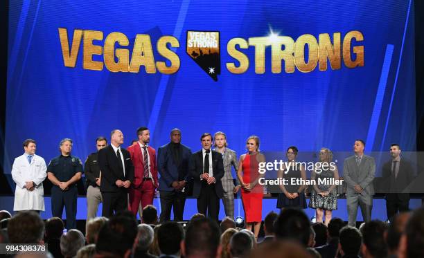 Vegas Golden Knights President of Hockey Operations and general manager George McPhee speaks during the 2018 NHL Awards presented by Hulu at The...