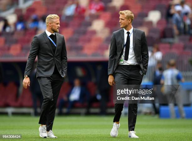 Kasper Schmeichel and Jonas Lossl of Denmark discuss prior to the 2018 FIFA World Cup Russia group C match between Denmark and France at Luzhniki...