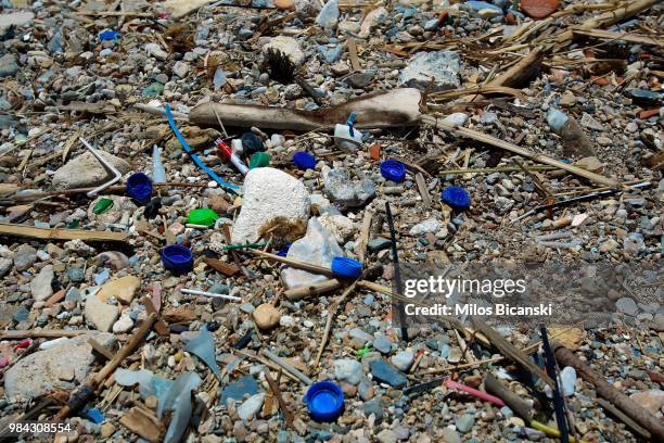 Plastic garbage lying on the Aegean sea beach near Athens on June 26 Greece . The Mediterranean is one of the seas with the highest levels of plastic...