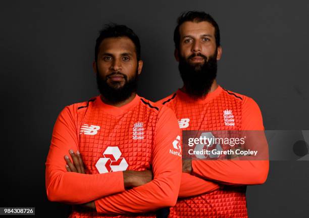 Adil Rashid and Moeen Ali of England pose for a portrait at Edgbaston on June 26, 2018 in Birmingham, England.