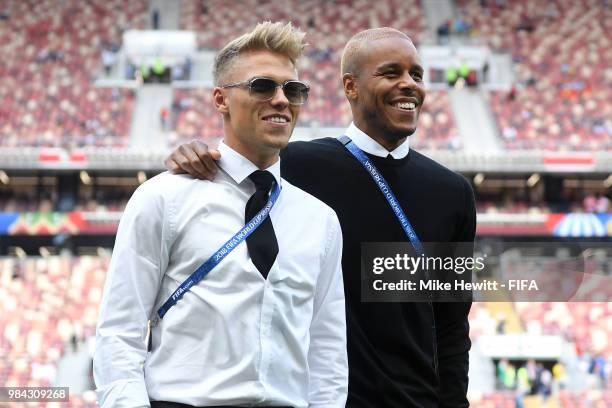 Viktor Fischer and Mathias Jorgensen of Denmark look on prior to the 2018 FIFA World Cup Russia group C match between Denmark and France at Luzhniki...