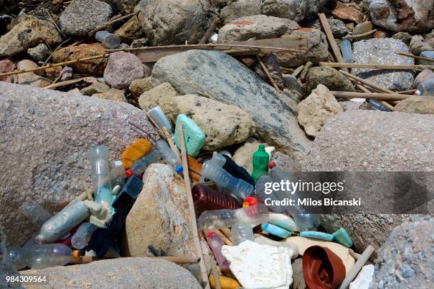 Plastic garbage lying on the Aegean sea beach near Athens on June 26 Greece . The Mediterranean is one of the seas with the highest levels of plastic...