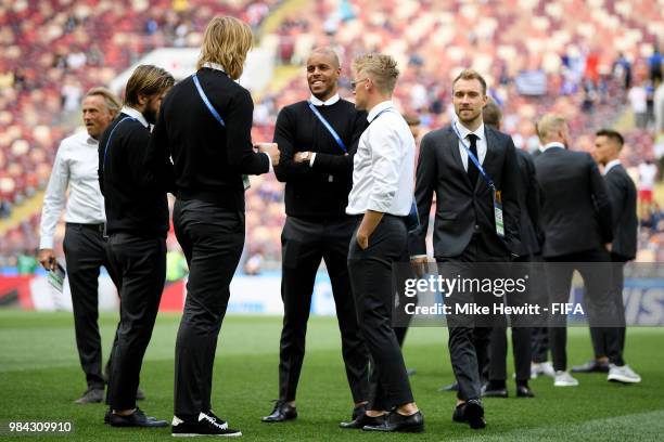 Players of Denmark discuss during pitch inspection prior to the 2018 FIFA World Cup Russia group C match between Denmark and France at Luzhniki...