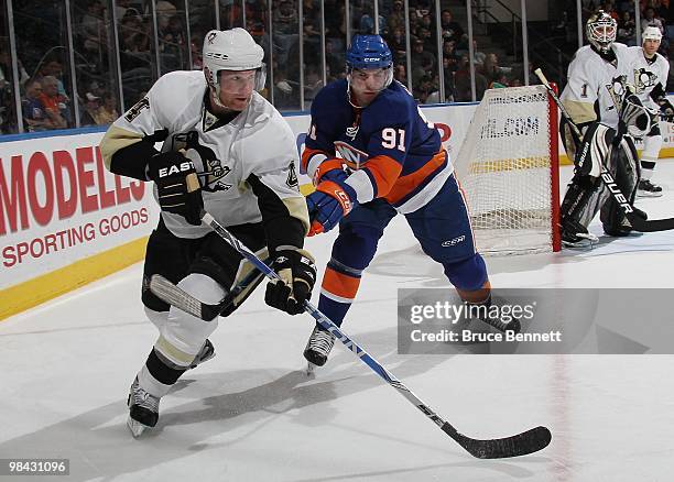 Jordan Leopold of the Pittsburgh Penguins skates against the New York Islanders at the Nassau Coliseum on April 11, 2010 in Uniondale, New York.
