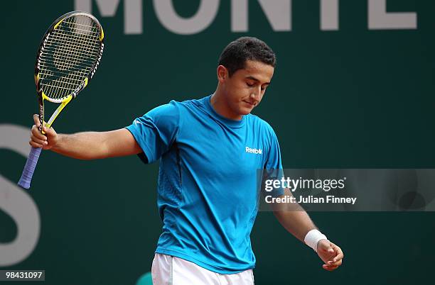 Nicolas Almagro of Spain looks frustrated in his match against Jo-Wilfried Tsonga of France during day two of the ATP Masters Series at the Monte...