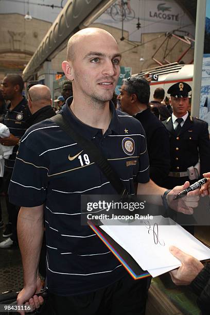 Esteban Cambiasso departs to attend FC Internazionale v AC Fiorentina Serie A game on April 8, 2010 in Milan, Italy.