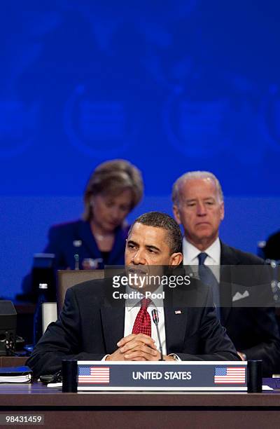 President Barack Obama speaks during the opening plenary session as and U.S. Vice President Joseph Biden and U.S. Secretary of State Hillary Clinton...