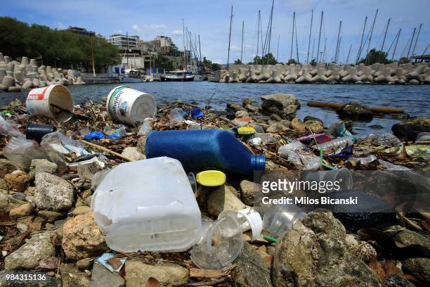 Plastic garbage lying on the Aegean sea beach near Athens on June 26 Greece . The Mediterranean is one of the seas with the highest levels of plastic...