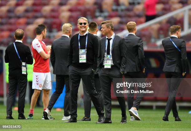 Age Hareide, Manager of Denmark and his assistant John Dahl Tomasson look on prior to the 2018 FIFA World Cup Russia group C match between Denmark...