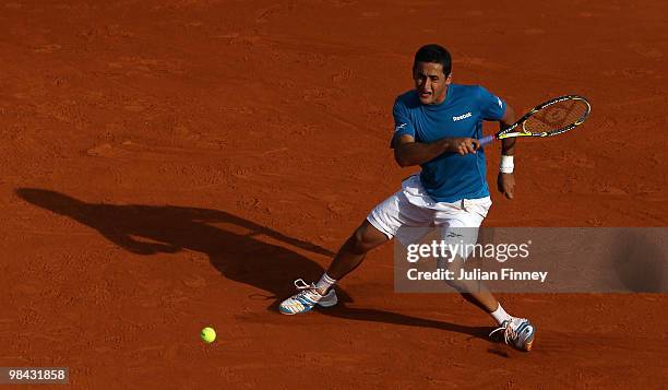 Nicolas Almagro of Spain plays a forehand in his match against Jo-Wilfried Tsonga of France during day two of the ATP Masters Series at the Monte...