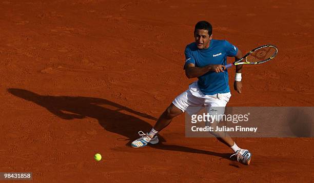 Nicolas Almagro of Spain plays a forehand in his match against Jo-Wilfried Tsonga of France during day two of the ATP Masters Series at the Monte...