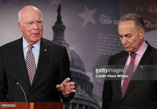 Judiciary Committee Chairman, Sen. Patrick Leahy speaks while flanked by Sen. Charles Schumer at the U.S. Capitol on April 13, 2010 in Washington,...