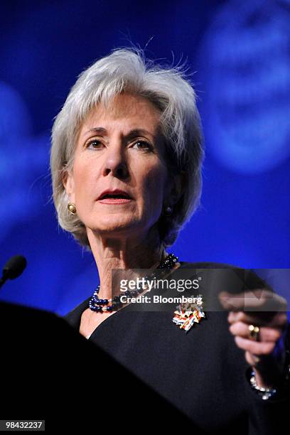 Kathleen Sebelius, U.S. Health and human services secretary, speaks at the World Health Care Congress in Oxon Hill, Maryland, U.S., on Tuesday, April...