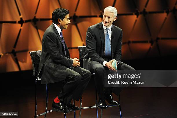 Chief medical correspondent for CNN Sanjay Gupta and CNN's Anderson Cooper speak onstage at CNN + HLN Newsmakers 2010 at Jazz at Lincoln Center on...