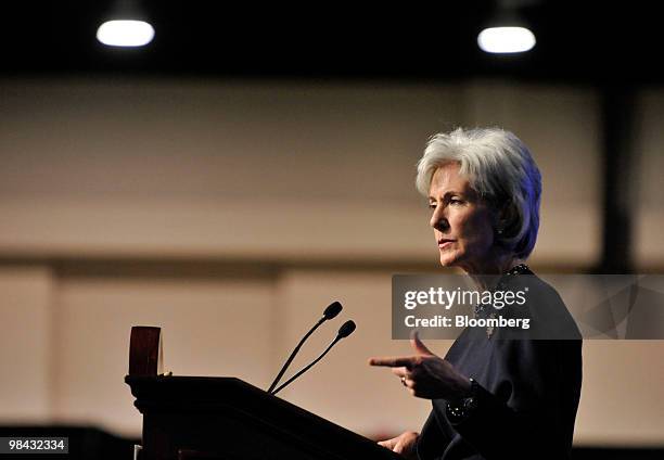 Kathleen Sebelius, U.S. Health and human services secretary, speaks at the World Health Care Congress in Oxon Hill, Maryland, U.S., on Tuesday, April...