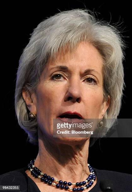 Kathleen Sebelius, U.S. Health and human services secretary, speaks at the World Health Care Congress in Oxon Hill, Maryland, U.S., on Tuesday, April...